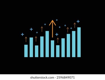 Stock and investment concept. A bar graph with a yellow upper arrow on a dark background. Bullish market, profit of wealth, high risk high return, business growth up.