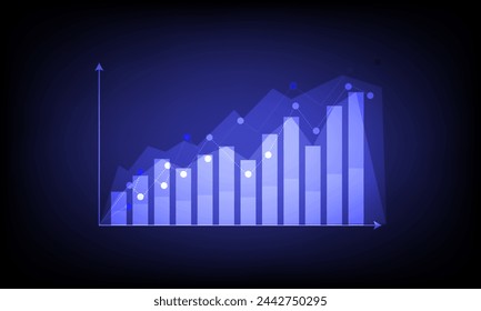 Stock and investment concept. A bar and line graph on dark blue background. Burish market, profit of wealth, high-risk high return, business growth up.