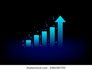 Stock and investment concept. A bar and line graph on dark green background. Burish market, profit of wealth, high-risk high return, business growth up.