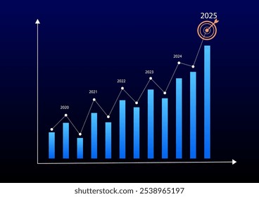 Conceito de ações e investimentos. Um gráfico de barras e linhas em um plano de fundo azul escuro. Bullish mercado, lucro de riqueza, crescimento de negócios para cima. Metas de ano novo, plano de visão para os negócios em 2025. Tendência econômica.