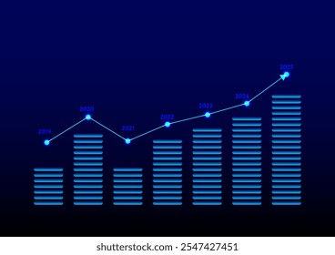 Concepto de stock e inversión. Un gráfico de barras y líneas sobre un fondo azul oscuro. Mercado alcista, beneficio de la riqueza, crecimiento del negocio hacia arriba. Objetivos de Nuevo año, Plan de visión para los negocios en 2025. Tendencia económica.