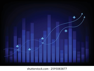 Stock and investment concept. A bar and line graph on a dark blue background. Bullish market, profit of wealth, high risk high return, business growth up.