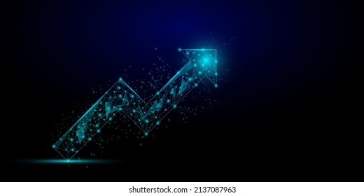 Stock and investment concept. A low polygon with a wireframe of the upper arrow and shiny on dark background. Burish market, profit of wealth, high-risk high return, business growth up.