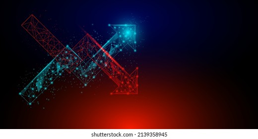 Stock and investment concept. A low polygon with a wireframe of the upper arrow cross lower arrow red and blue background. Burish market, profit of wealth. Losing money and cash. 
