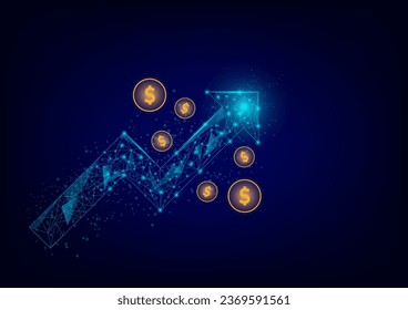 Concepto de acciones e inversiones. Un polígono bajo con un armazón de alambre de la flecha superior y una moneda en dólares brillante sobre un fondo oscuro. Mercado bursátil, beneficio de la riqueza, alto riesgo de rendimiento, crecimiento de las empresas.