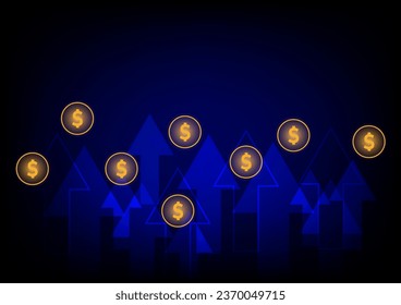 Stock and investment concept. The upper arrow and shiny dollar coin on a dark background. Burish market, profit of wealth, High-risk high return, business growth up.