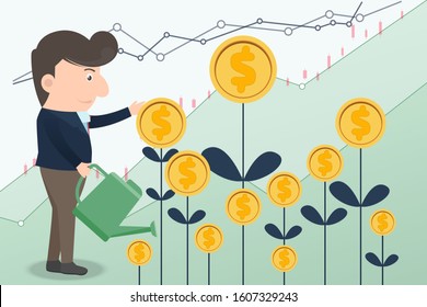 Stock investment take a profits concept. Marketing man doing activities various for investments and take a profits and trade with graph background. Stock investment concept vector illustration.