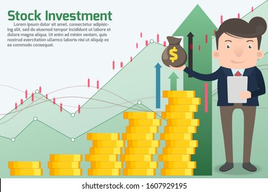 Stock investment take a profits concept. Marketing man doing activities various for investments and take a profits and trade with graph background. Stock investment concept vector illustration.