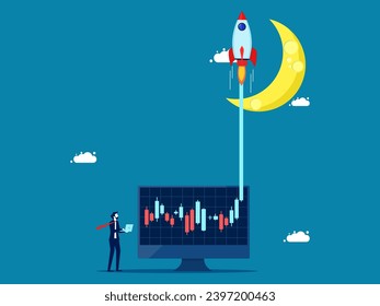 Stock investment. stock trader watches the stock price chart soar above the moon