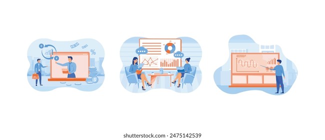 Stock Investments Commercial Strategy Consult Service. Financial consultation concept. Consultant businessman near blackboard holding a pointer in hand, training. Set flat vector modern illustration