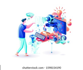 Stock isolated vector abstract colorful illustration man remote communication online video web chat training distance learning internet Webcam conference interview presentation freelancer at computer