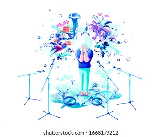 Stock isolated vector abstract colorful illustration man orator speaker phobia speechmaker afraid of public speaking fear abstract nightmares horror dread surrealism awe terror fright white background