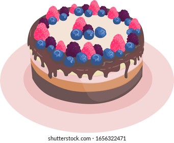 stock isolatedimage of a festive cake, consisting of three layers of different colors, covered with chocolate icing and decorated with ripe berries of raspberries, blackberries and blueberries.