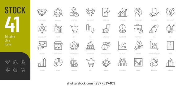 Juego de iconos editables de la línea de material. Ilustración vectorial en iconos modernos de línea delgada relacionados con las finanzas: cambio de divisas, negociación, beneficios, accionista, tipos de mercados y gráficos. 