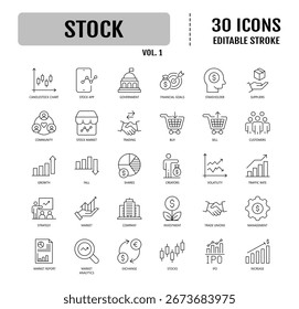 Stock Line Editable Icons set. Containing currency exchange, trading, profit, shareholder, types of markets and charts. Vector illustration