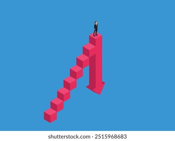 Aktienverlust. Stressende Geschäftsfrau auf fallenden Stock-Diagramm 3d isometrische Vektorgrafik stecken