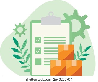 Stock management concept. Project Management Checklist with Delivery Boxes. Efficient project management workflow. Inventory management. Flat style. Vector illustration