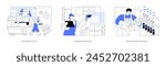 Stock management isolated cartoon vector illustrations set. Group of diverse people in uniform unload a truck, professional warehouse worker scanning barcodes, merchandise handling vector cartoon.