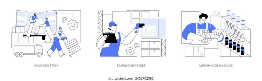 Stock management isolated cartoon vector illustrations set. Group of diverse people in uniform unload a truck, professional warehouse worker scanning barcodes, merchandise handling vector cartoon.