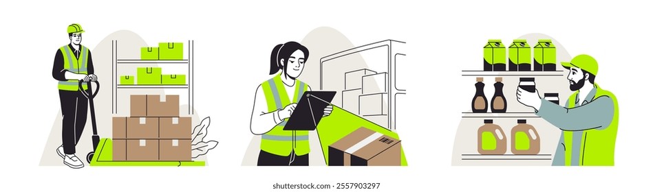 Stock management. Set of scenes of warehouse workers in uniform unloading boxes, scanning parcels and stocking shelves. Distribution center. Flat vector illustration collection isolated on background