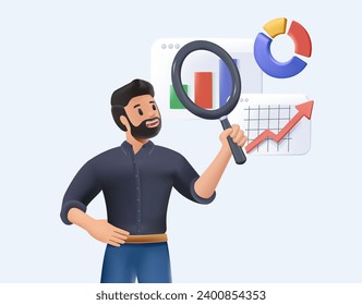 Stock market 3D illustration. Stock chart analysis and information and news search. Planning and visualization of statistics. Charts and graphs. 3D vector illustration for website