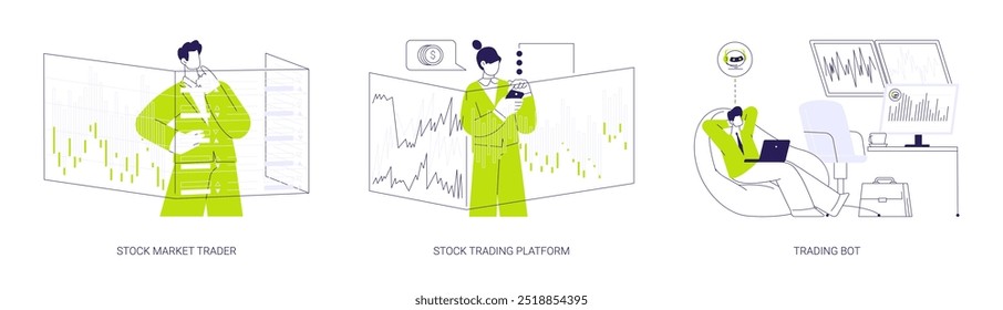 Stock market abstract concept vector illustration set. Stock market trader, trading platform, automated trading system, investment process, raising money, statistics and analytics abstract metaphor.