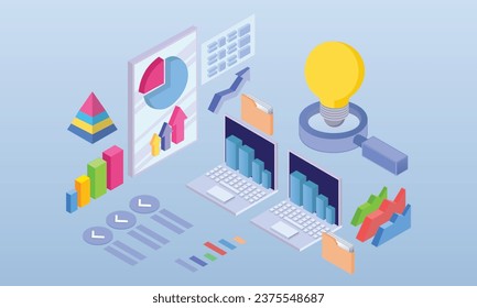 análisis del mercado de valores.sobre fondo azul.Diseño 3D.diseño vectorial isométrico Ilustración.