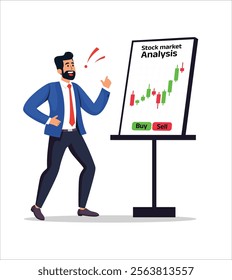 Stock market analysis concept featuring a businessman in formal attire presenting a chart with buy and sell indicators, symbolizing financial insights, trading, and market expertise