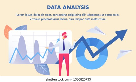 Stock Market Analysis, Data Science Banner Layout. Business Analyst Cartoon Character. Financial Literacy, Company Information Inspection. Profit, Revenue Forecast. Flat Illustration with Text Space