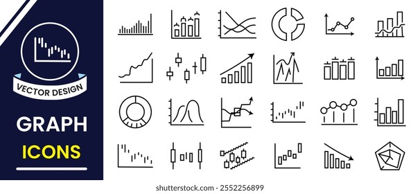 Conjunto de ícones de análise de mercado de ações. Gráfico e conjunto de diagramas de gráfico. Diagrama de gráficos de planejamento financeiro e comercial. Bolsa de valores, financeiro, ações, investimento, mercado de touros, mercado de ursos, gráfico de mercado de ações. 