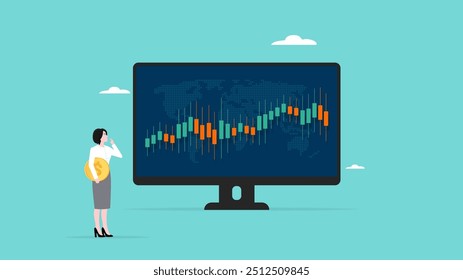 Análisis del mercado de valores sobre la inversión, mercado de valores en alza, análisis de gráficos, estadística de crecimiento financiero, inversor empresaria que analiza un gráfico de sus acciones mientras lleva monedas de oro