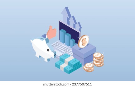 Stock market analysis. Screen with graphs, charts and diagrams. Investing in stocks. Stock trading ideas.on blue background.3D design.isometric vector design Illustration.