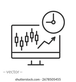tempo de análise de mercado de ações, gráfico de castiçal, negociação de moeda, símbolo da web de linha fina sobre fundo branco, ilustração vetorial de traço editável eps 10
