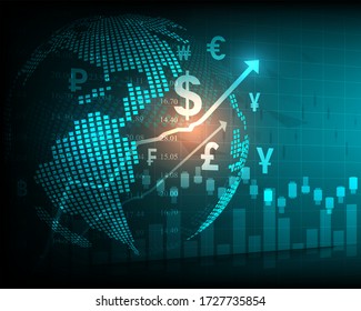 Stock market analysis and stock trading, currency symbols, business graphs and global money transfers