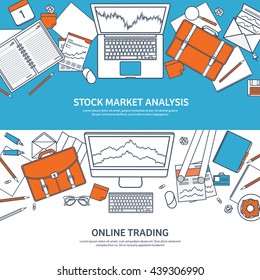 Stock market analysis,finance.Flat outline style. Line art.Money investing.Global economy, market news.Forex trading.Investment banking.Futures market trading.Financial investment.Long term investment