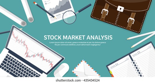 Stock market analysis,finance.Flat style illustration.Money investing.Global economy, market news.Forex trading tips.Investment banking.Futures market trading.Financial investment.Long term investment