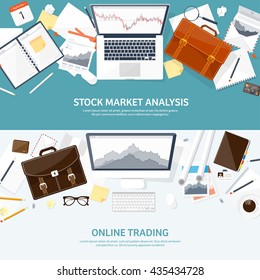 Stock market analysis,finance.Flat style illustration.Money investing.Global economy, market news.Forex trading tips.Investment banking.Futures market trading.Financial investment.Long term investment