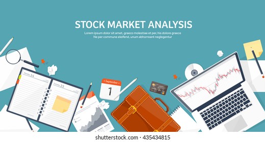 Stock market analysis,finance.Flat style illustration.Money investing.Global economy, market news.Forex trading tips.Investment banking.Futures market trading.Financial investment.Long term investment