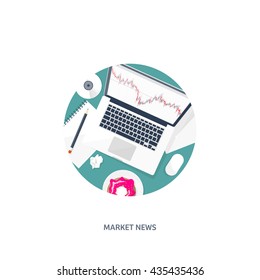 Stock market analysis,finance.Flat style illustration.Money investing.Global economy, market news.Forex trading tips.Investment banking.Futures market trading.Financial investment.Long term investment