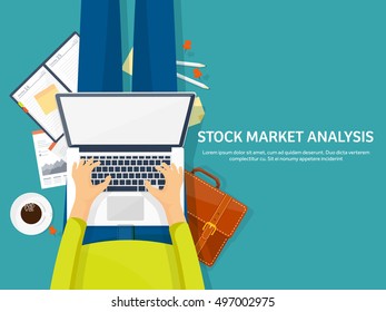 Stock market analysis,finance.Flat style illustration.Money investing.Global economy, market news.Forex trading tips.Investment banking.Futures market trading.Financial investment.Long term investment