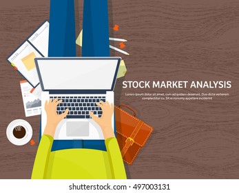 Stock market analysis,finance.Flat style illustration.Money investing.Global economy, market news.Forex trading tips.Investment banking.Futures market trading.Financial investment.Long term investment