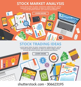 Stock market analytics, stock trading ideas flat illustration concept set. Top view. Modern flat design concepts for web banners, web sites, printed materials, infographic.Creative vector illustration