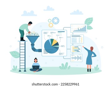 Stock market analytics vector illustration. Cartoon tiny people work on conversion of big data to infographic charts and diagrams in cone funnel with pipeline, marketing analytics and optimization