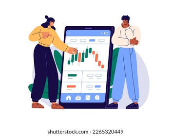 Aplicación del mercado de valores en el teléfono móvil. Inversores, comerciantes analizando la gráfica, barras de velas, gráfico de candelabros, invirtiendo dinero con aplicación para smartphones. Ilustración vectorial plana aislada en fondo blanco