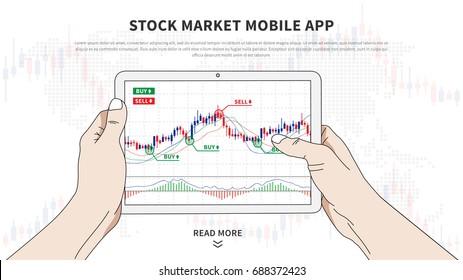 Stock market app vector illustration. Application for investment and online trading for devices. Stock market mobile software graphic design. Hands hold tablet with japanese candlestick chart on it.