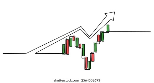 Stock market arrow and candlestick in a continuous line drawing, illustrating finance and business trends. Vector illustration hand drawn.