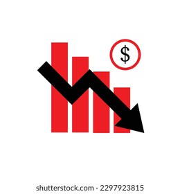 stock market arrow pointing down on economic chart red graph bars icon downtrend financial board down dollar coin