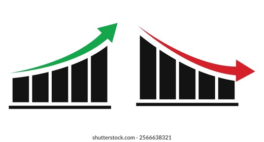 Stock market arrows in green and red, indicating growth and decline trends. Suitable for business visuals, financial reporting, economic analysis, and investment-related presentations.