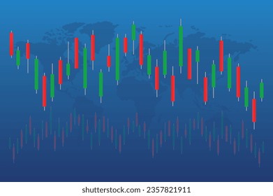 Stock market bar graph on world map, candlestick chart, finance trade data, vector illustration.