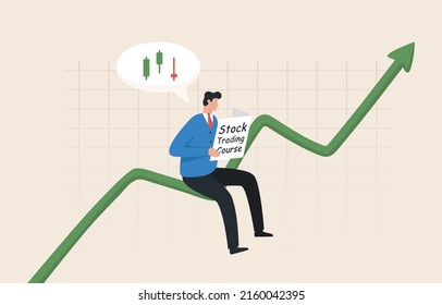 Stock market beginner. Finance or investment specialist investment for beginners stock market investment.
An investor sits on a stock chart with a candlestick guide book.